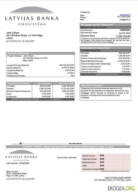 Modèle Word et PDF de relevé hypothécaire de la Banque de Lettonie de Lettonie